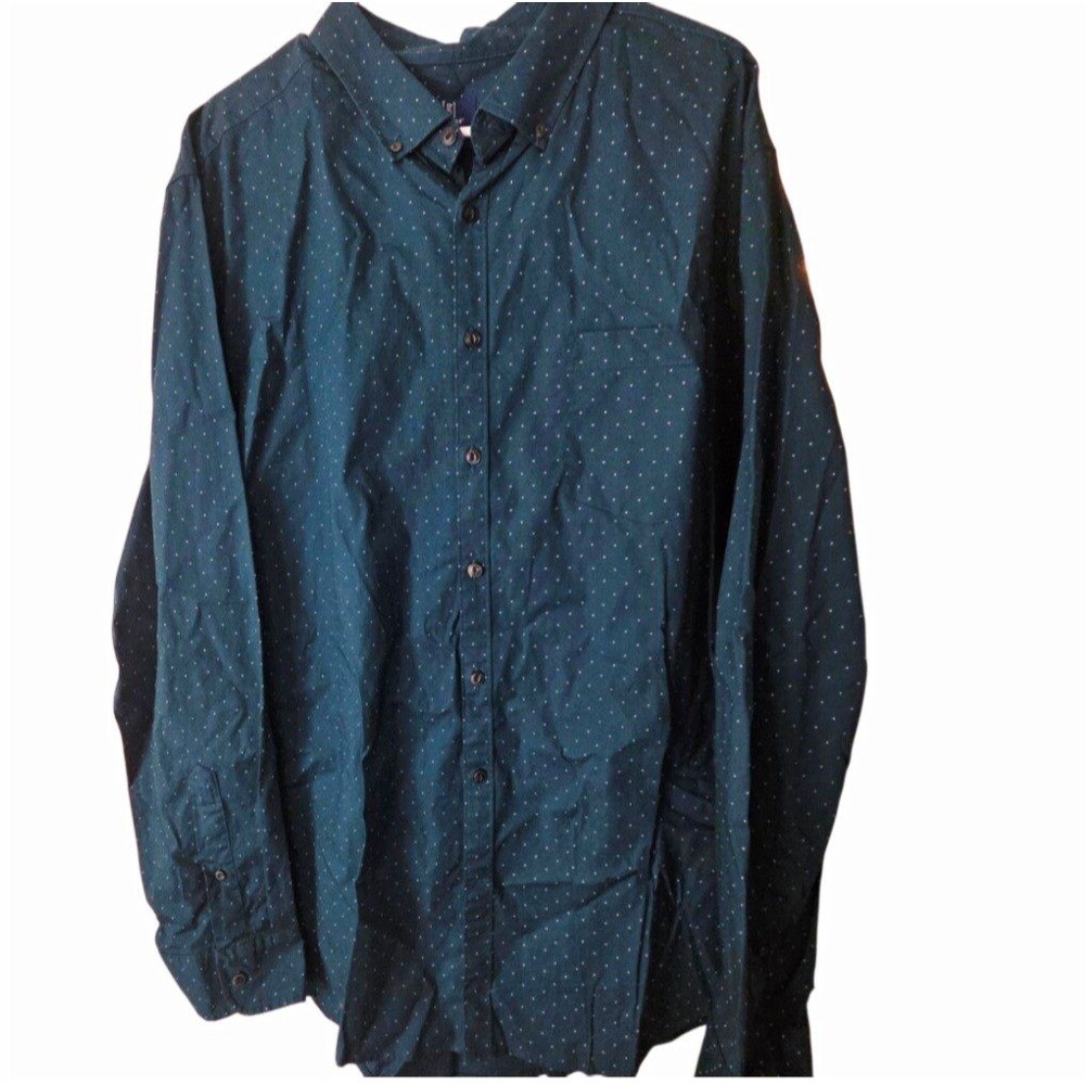 George Men's Polka Dot Button-Up Shirt Long Sleeve Point Collar Green 2XL